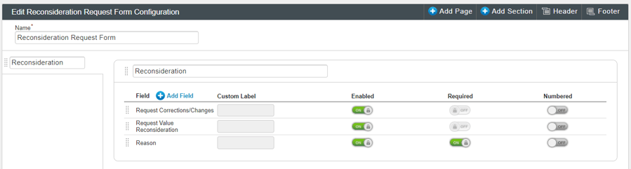 Reconsideration Request Form Configuration